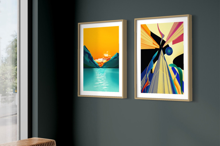 Two framed artworks in an office space.