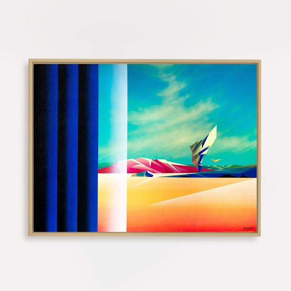 A colourful painting of a surreal and imagined landscape.