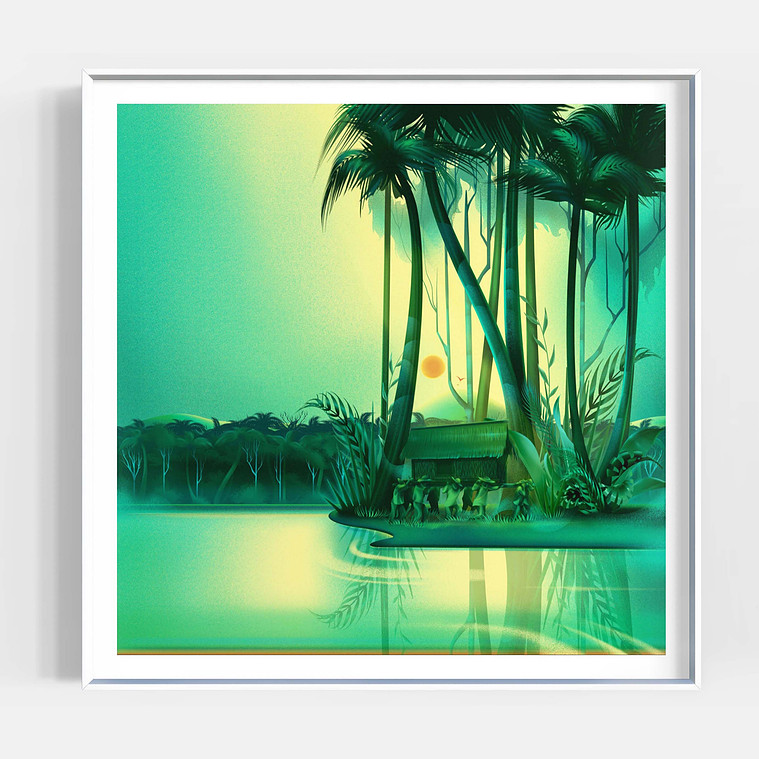 A green and luscious tropical artwork set in a white frame.
