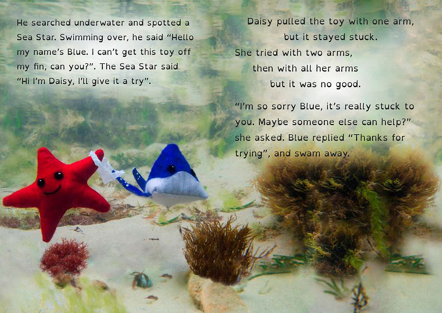 A selection of pages of the PDF children's book Blue in the sea at Torquay.