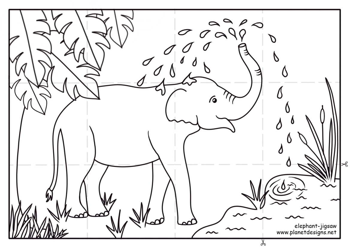 Elephant drinking water from a pond in the jungle then spraying the water from it's trunk. A picture to colour in, cut along the dotted lines, and create a 12 piece jigsaw. Have fun learning through play. Designed by Planet Designs Kids.