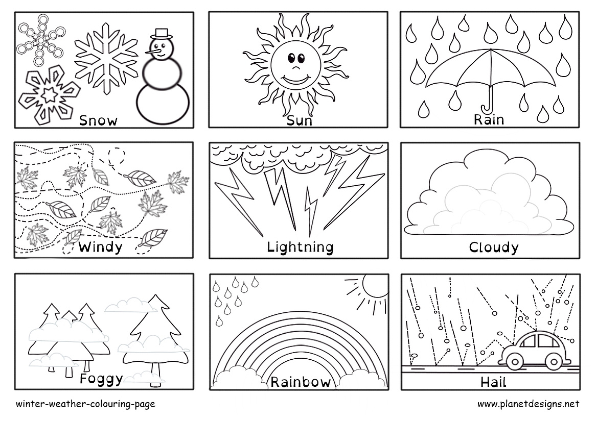 A free printable colouring page of 9 different types of weather Winter brings. Pictures to colour are: Snow, Sun, Rain, Windy, Lightning, Cloudy, Foggy, Rainbow, Hail. Designed by Planet Designs Kids