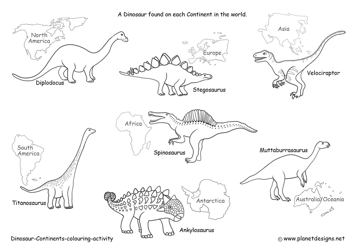 The 7 Continents of the World: North America, Europe, Asia, South America, Africa, Antarctica, Australia/Oceania and a Dinosaur species that lived on each: Diplodocus, Stegosaurus, Spinosaurus, Velociraptor, Titanosaurus, Ankylosaurus, & Muttaburrasaurus.