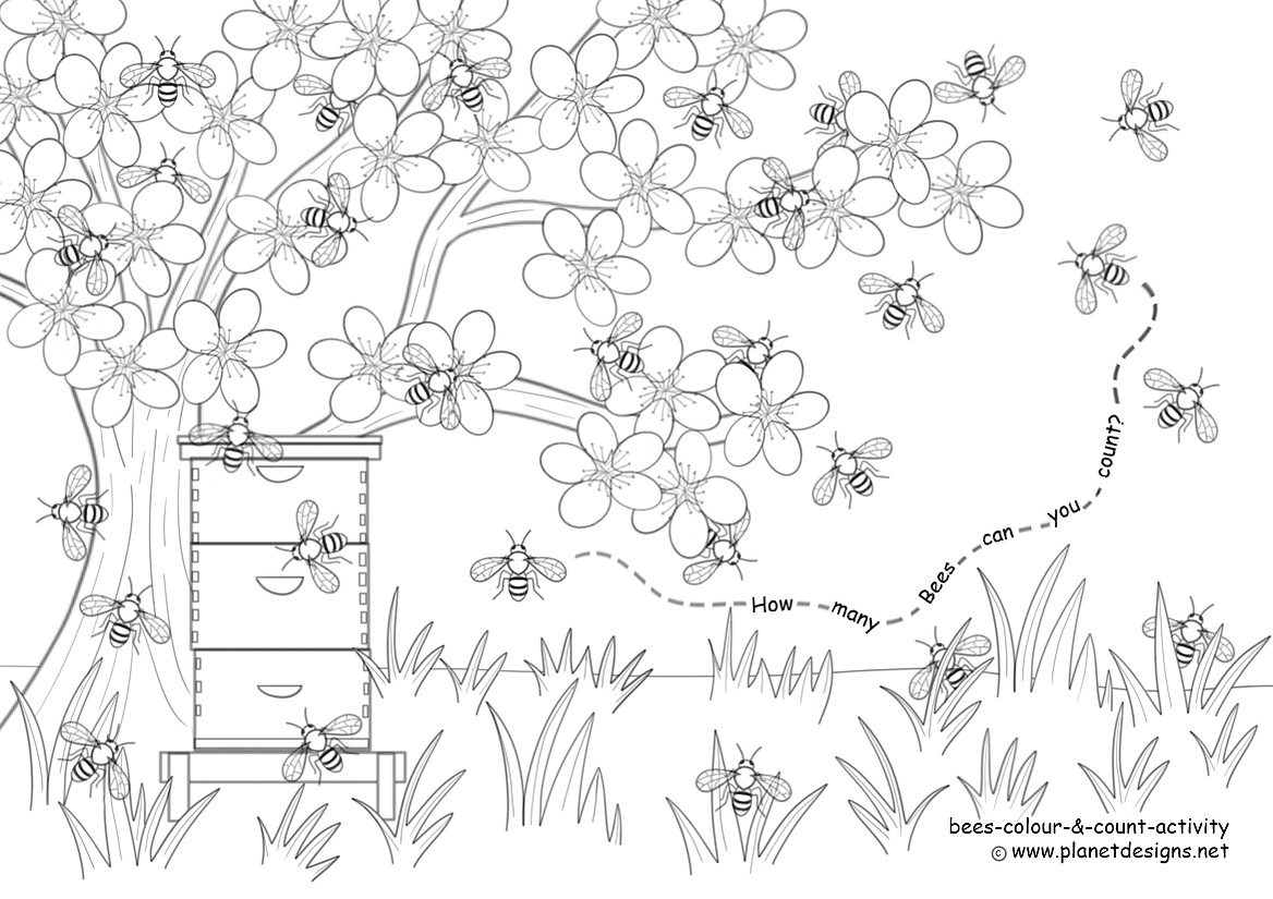 29 Bees flying and hovering around a flowering almond tree, grass and beehive to colour and count. With the question: How many Bees can you count?