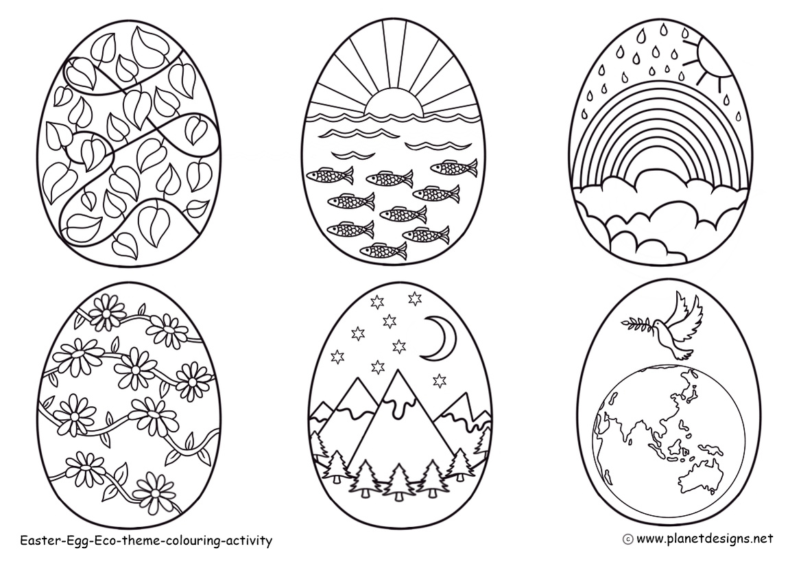 Six Easter Egg shapes with Eco theme pictures to colour: Leaves, flowers, ocean with sun, mountains with moon & stars, rainbow & weather, world with peace dove.