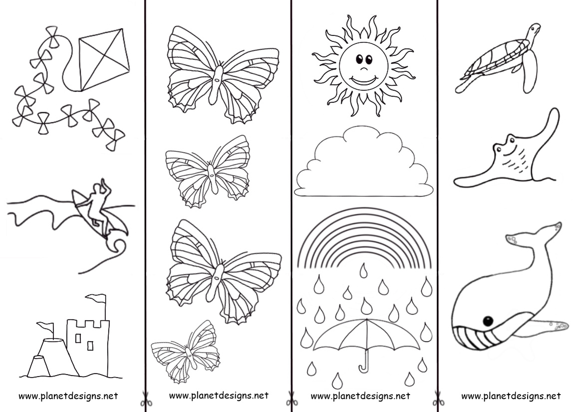 Free printable bookmarks for children to colour in & cut out: Ocean Animals, Weather, Butterflies, & At the Beach. A kids craft activity they can use or be a homemade gift. Art & Craft, or Book Week resource for children. By Planet Designs Kids