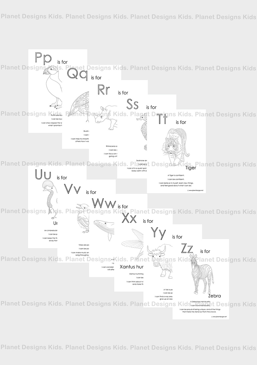 My Animal Alphabet Affirmations Colouring Book is a PDF with animals to color starting with P to Z - Puffin, Quail, Rhinoceros, Seahorse, Tiger, Umbrella bird, Vireo, Whale, Xantus Hummingbird, Yak, Zebra.