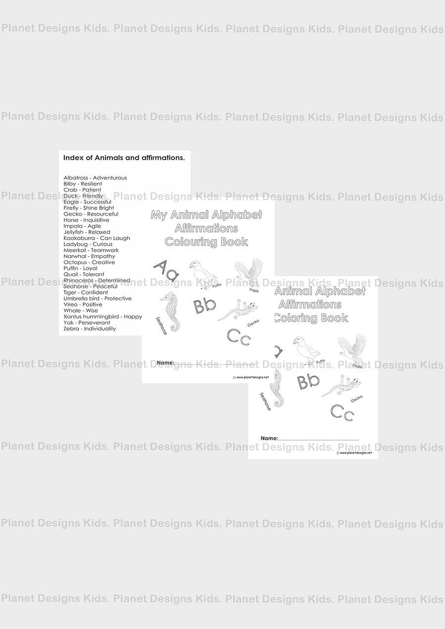 My Animal Alphabet Affirmations Colouring Book is a PDF with a Index page of all animals drawn with the affirmations based on their character traits and our imaginations. Also 2 title pages with English spelling of colour and American color.