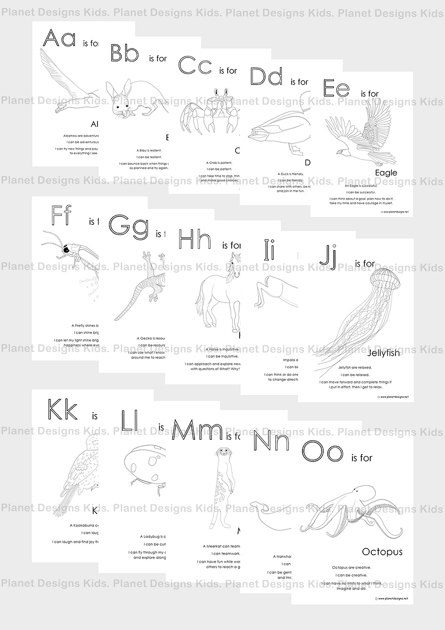 My Animal Alphabet Affirmations Colouring Book is a PDF with animals to colour starting with A to O - Albatross, Bilby, Crab, Duck, Eagle, Firefly, Gecko, Horse, Impala, Jellyfish, Kookaburra, Ladybug, Meerkat, Narwhal, Octopus.