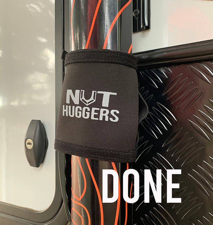 Nut Huggers designed for caravan awning arm locking knob are designed by Planet Designs Overland made in Australia. Instructions to put on caravan awning arm. Securely put on. Done.