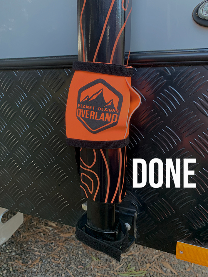 Nut Huggers designed for caravan awning arm locking knob are designed by Planet Designs Overland made in Australia. Instructions to put on caravan awning arm. Securely put on. Done.