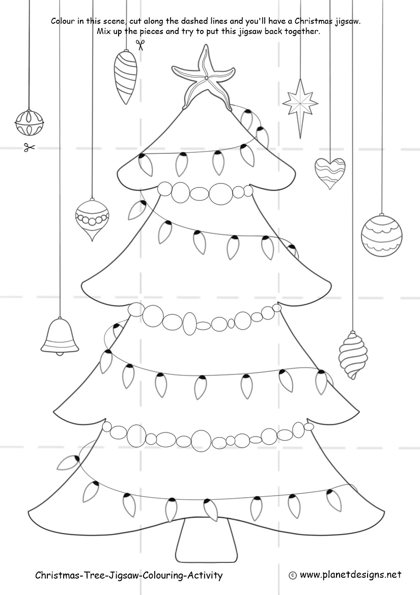 A Christmas Tree with decorations to colour, including dashed lines of where to cut out the 12 pieces that transform this colouring page into a festive jigsaw puzzle.