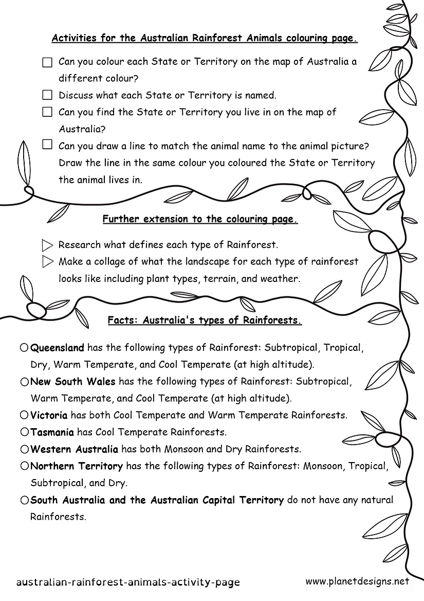 Activity page extension activity used with Australian Rainforest Animals Colouring Page. With directions, questions, further research idea's on the topic, along with facts about Australia's different types of Rainforests and where they are located. 