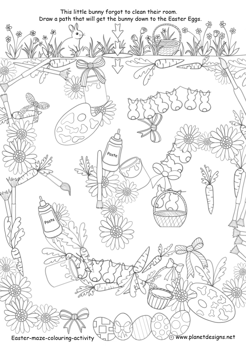Easter maze colouring page with a bunny and messy room of Easter art supplies including: flowers, paste, paint, paint brushes, paint pallets, baskets, Easter garlands, carrots, bows & Easter Eggs.