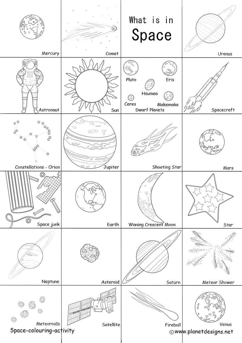23 images to colour of what can be found in space including planets, dwarf planets, spacecraft, space junk, sun, moon, astronaut, satellite, different space rocks, stars and constellations.