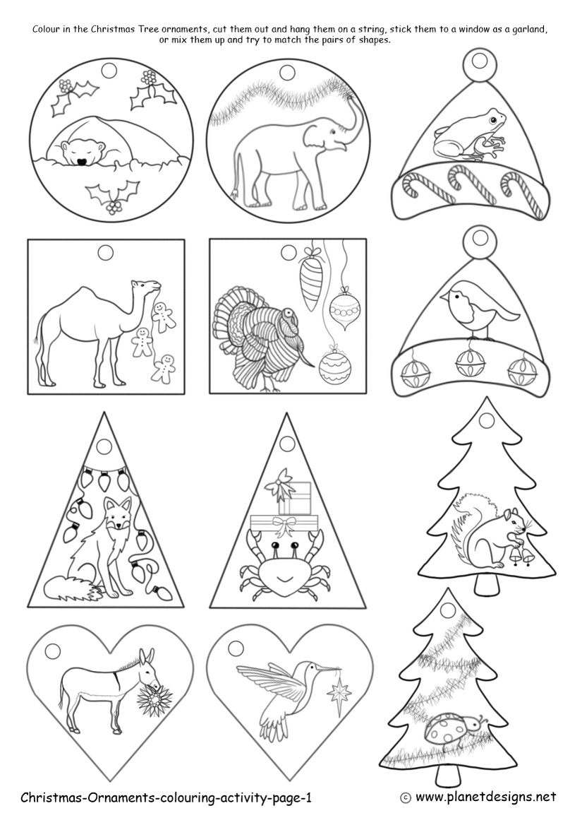 Page 1 of Christmas Ornaments colouring has 12 festive animals a Polar Bear, Elephant, Frog, Camel, Turkey, Robin, Fox, Crab, Squirrel, Donkey, Hummingbird & Ladybird, in ornament shapes of a circle, Santa hat, square, triangle, heart & Christmas Tree.