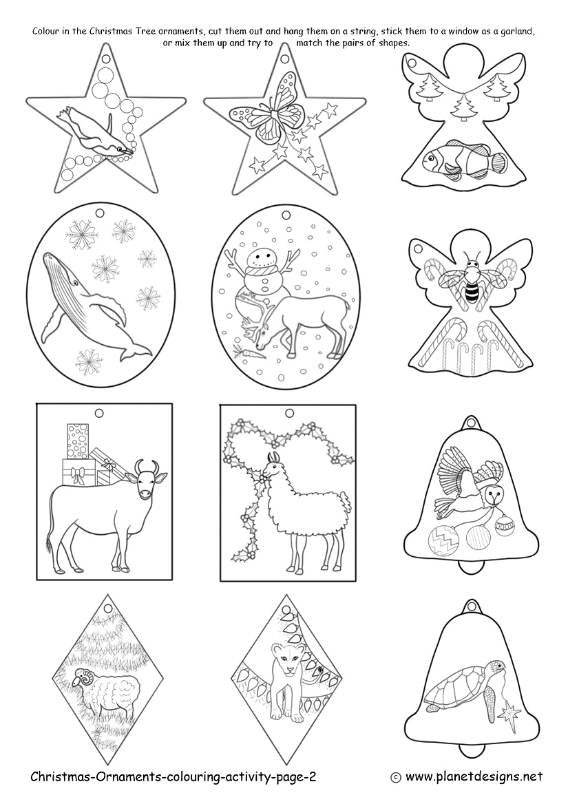 Page 2 of Christmas Ornaments colouring has 12 festive animals a penguin, butterfly, clown fish, humpback whale, reindeer, bee, ox, llama, owl, merino sheep, lion & turtle, in ornament shapes of a star, Christmas angel, oval, rectangle, bell & diamond.