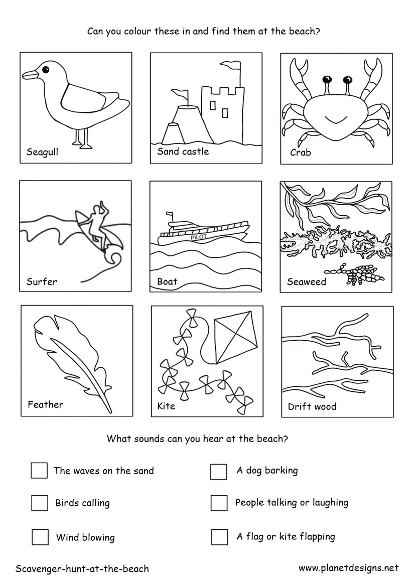 Scavenger Hunt at the beach. Great school holiday activity. Pictures to colour in and then search for at the beach. Also things to listen for and check off. Designed by Planet Designs Kids
