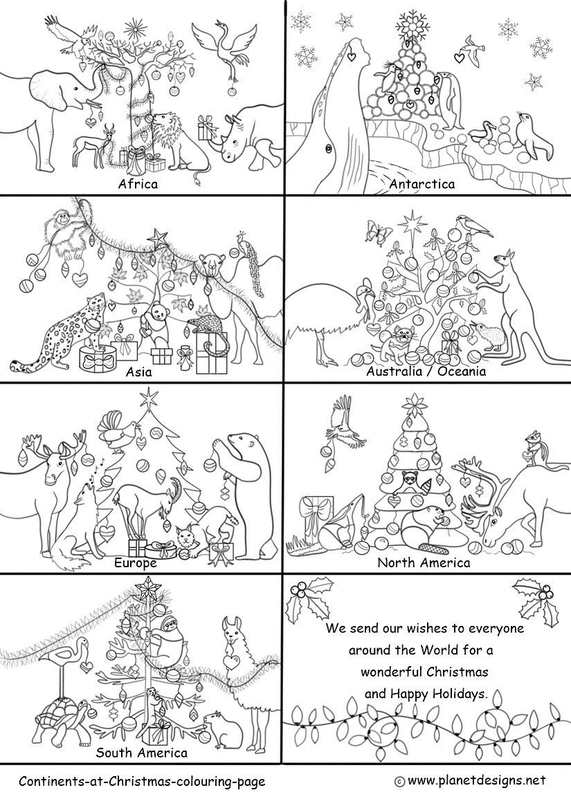 Continents at Christmas across the world with native trees & animals. A free festive, Christmas colouring page of Africa, Antarctica, Asia, Australia/Oceania, Europe, North America & South America continents. Further study ideas on blog post.
