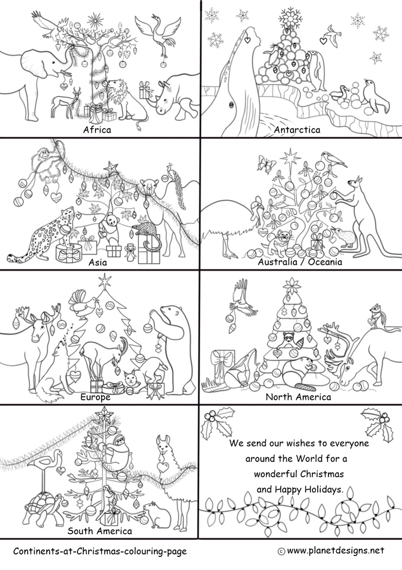 Continents at Christmas across the world with native trees & animals. A free festive, Christmas colouring page of Africa, Antarctica, Asia, Australia/Oceania, Europe, North America & South America continents. Further study ideas on blog post.