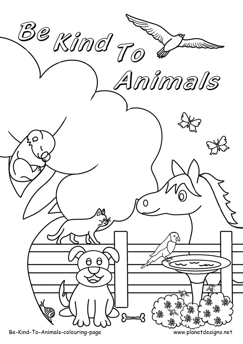 Free printable colouring page or poster with words Be Kind To Animals along with a horse, flying bird, koala, snail, parrot, cat, butterflies, bees and a dog. Great for Be Kind To Animals Week. Designed by planetdesigns.net