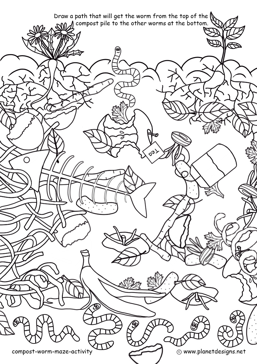 Compost pile with 6 worms, food scraps, leaves, fish bones, egg shells, shredded paper & tea bag. Colour it in & help the worm find it's way through the compost maze from top to bottom.
