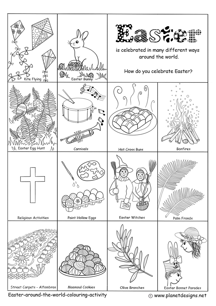 14 ways Easter is celebrated around the world includes kites, Easter Bunny, Painting Eggs, Egg Hunts, Carnivals, Hot Cross Buns, Maamoul Cookies, Religion, Bonfires, Easter Witches, Alfombras Street Carpets, Easter Bonnet Parades, Palm & Olive branches.