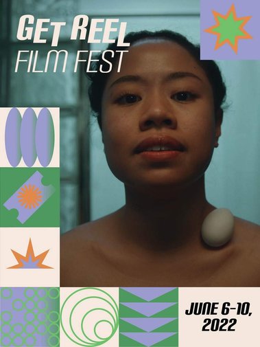 Front cover of the Get Reel program design, featuring the branding, and an image of a South-East Asian young adult.