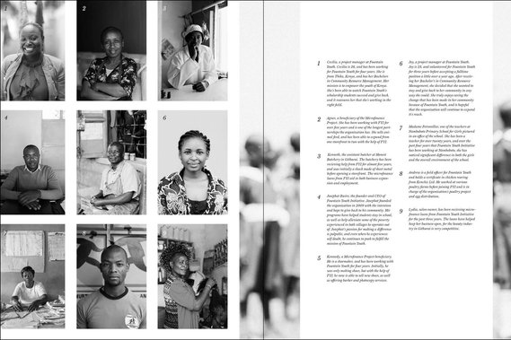 A spread from a magazine, showing a grid of black and white portraits, and text on the opposite page.