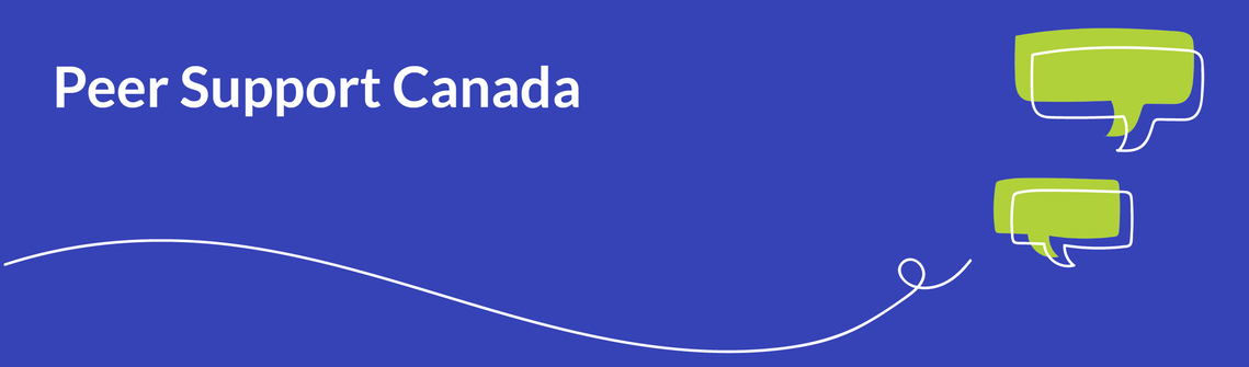 A dark blue header graphic for Peer Support Canada, with 2 green speech box illustrations.