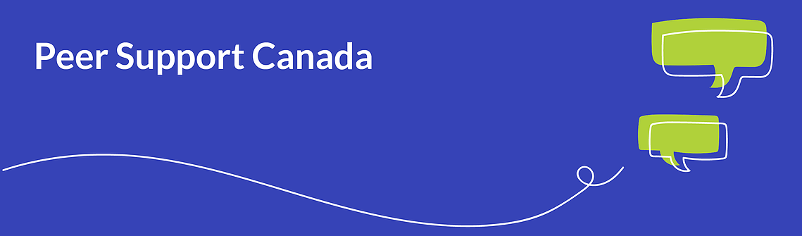 A dark blue header graphic for Peer Support Canada, with 2 green speech box illustrations.