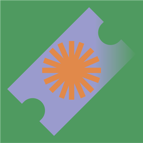 A purple and orange ticket on a green background.