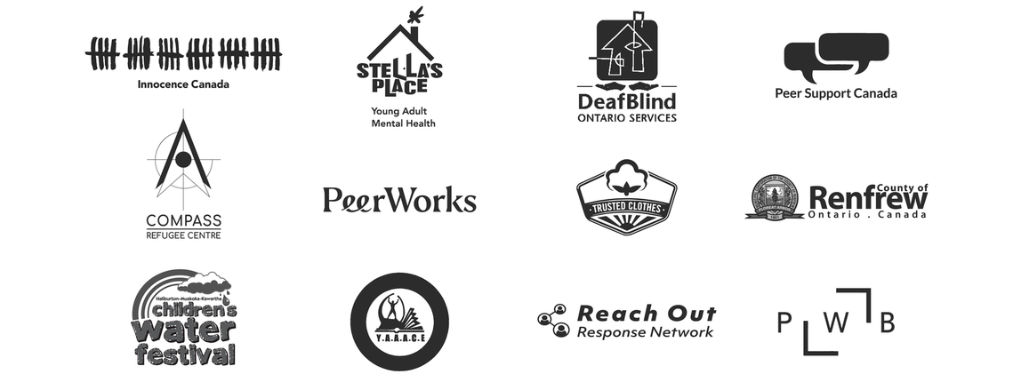 Greyscale logos arranged in a grid: Innocence Canada, Stella's Place, Peer Support Canada, Compass Refugee Centre, PeerWorks, Trusted Clothes, County of Renfrew, Children's Water Festival, YAAACE, Reach Out Response Network, Photographers Without Borders.