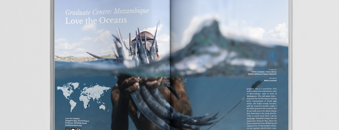 A spread from the Photographers Without Borders magazine, showing a photograph of a Black person holding a bunch of fish under water. Text is overlaid on the photo.