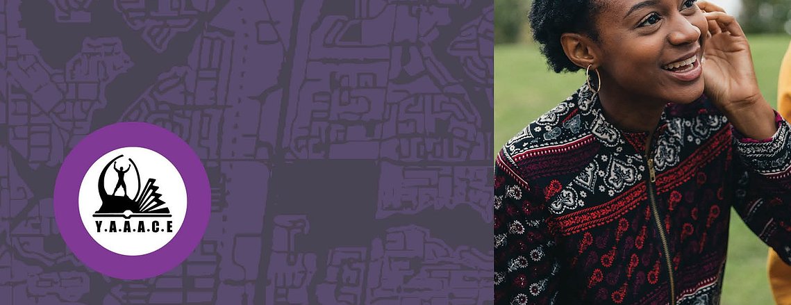 A purple background with a dark texture of a map, next to a photo of a Black femme youth. Overlaid is a logo for YAAACE, a purple circle with drawings of people in the middle.