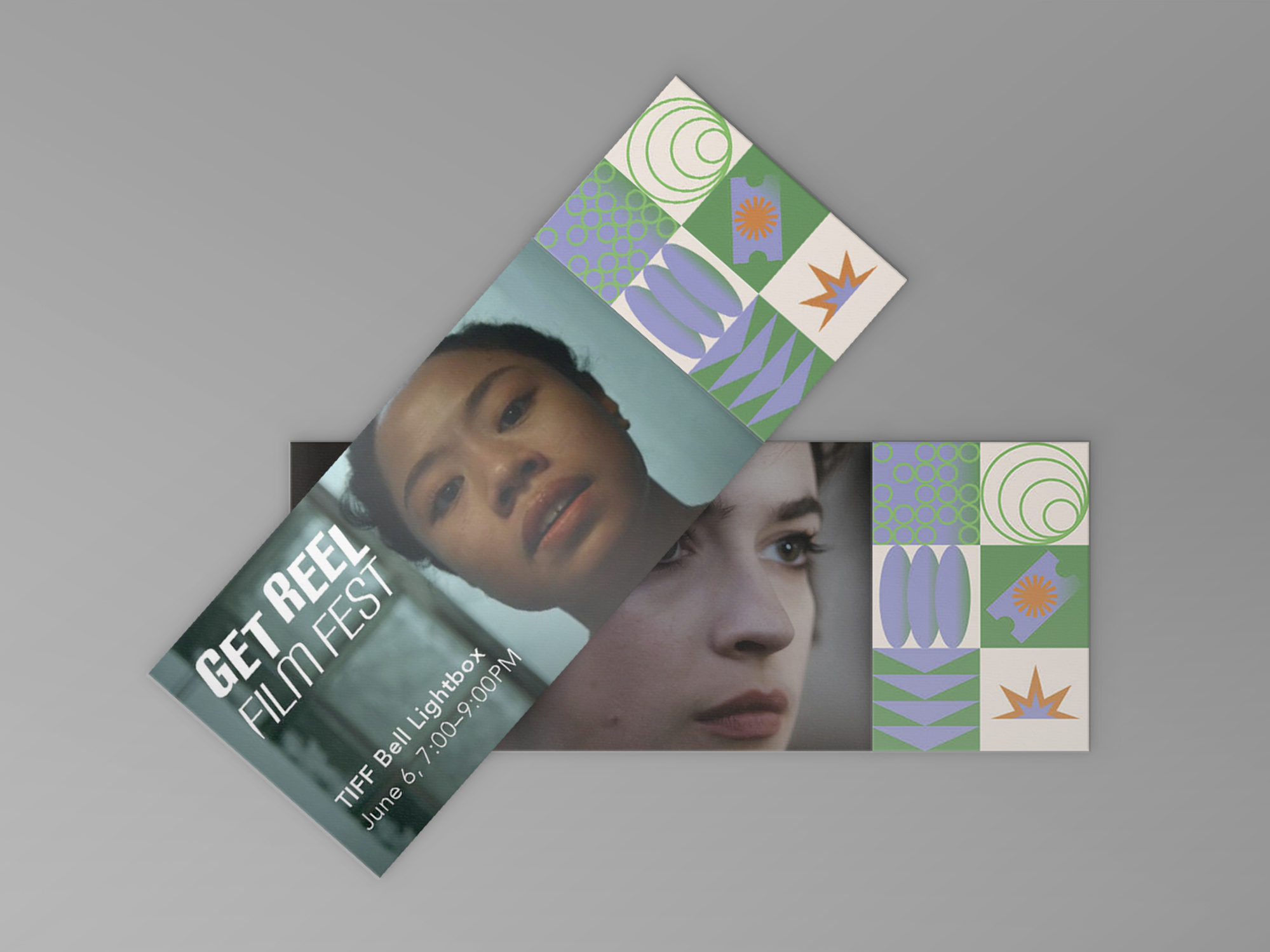 Ticket mockup for the festival featuring the branding design for Get Reel.