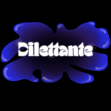 A curvy blue and purple blob graphic, with white text inside that says 