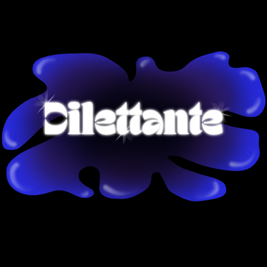 A curvy blue and purple blob graphic, with white text inside that says 