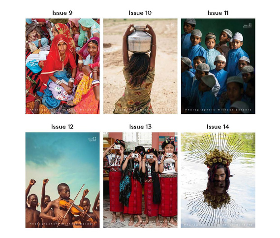 A grid of 6 front covers of the Photographers Without Borders magazine issues.