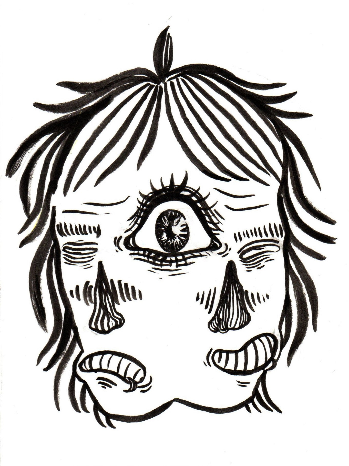 two faces, one happy and one sad, merged in the middle with one large eye in the centre