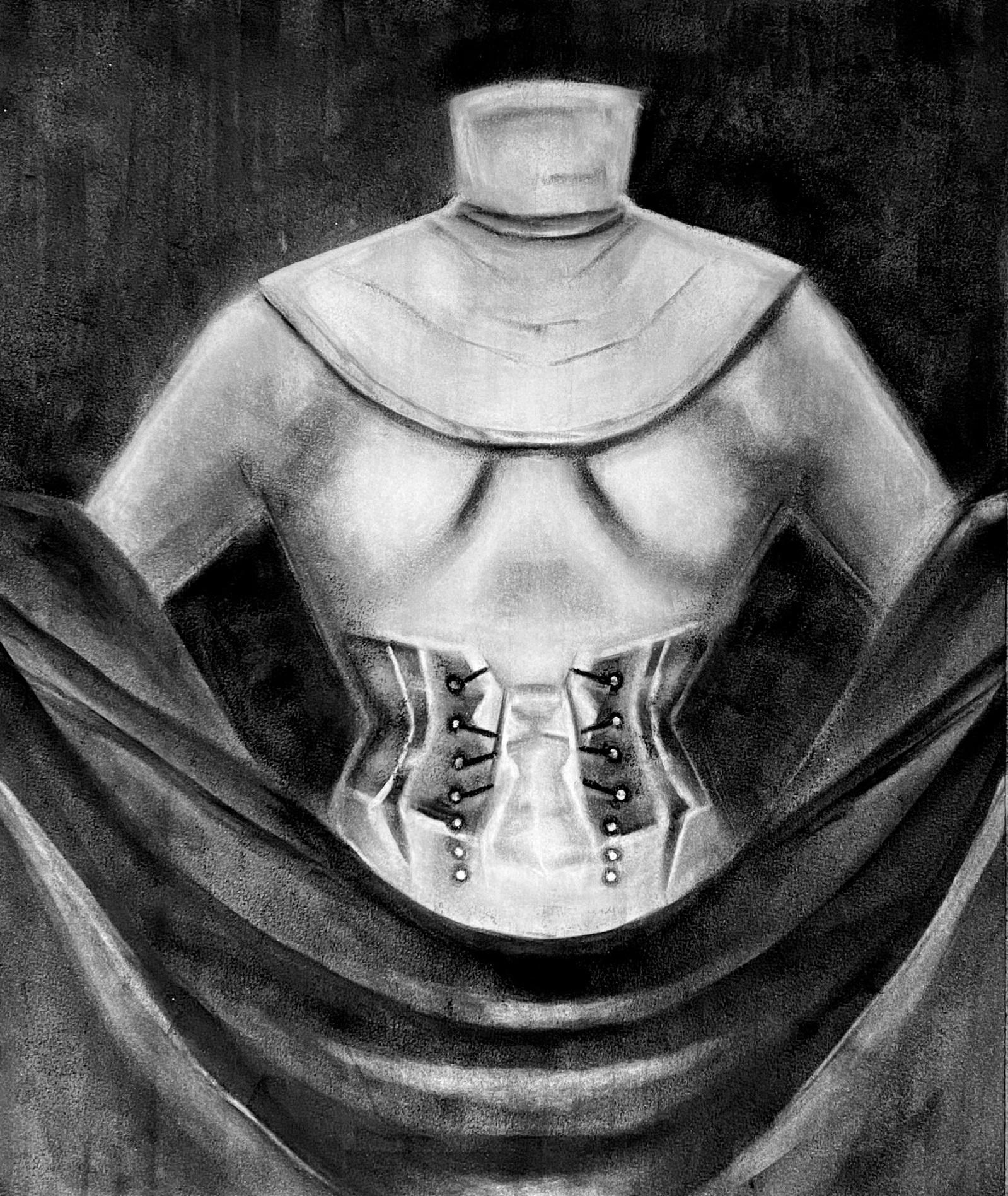The back of a female nun taking off her long black dress. The marks of a corset appear on her skin.