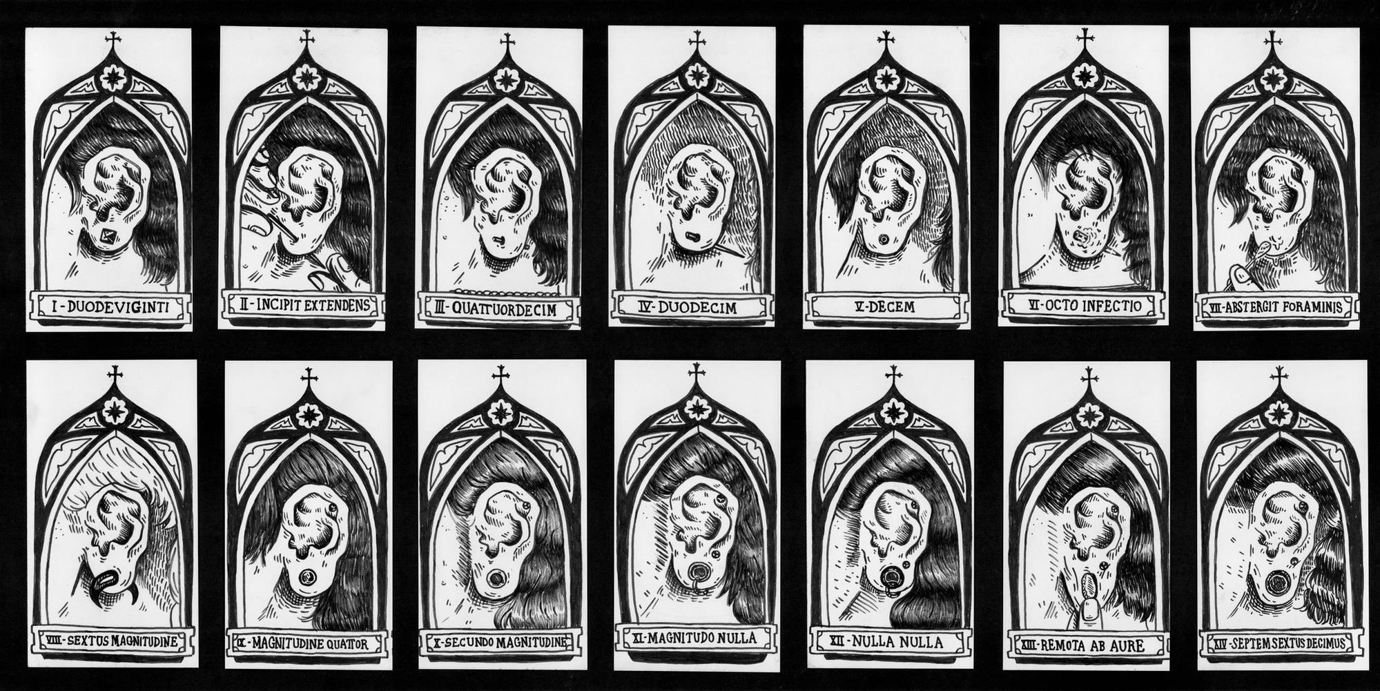 Fourteen sequential illustrations each framed in an arched panel topped with a cross. Shows the process of stretching ears by size and events like infection.