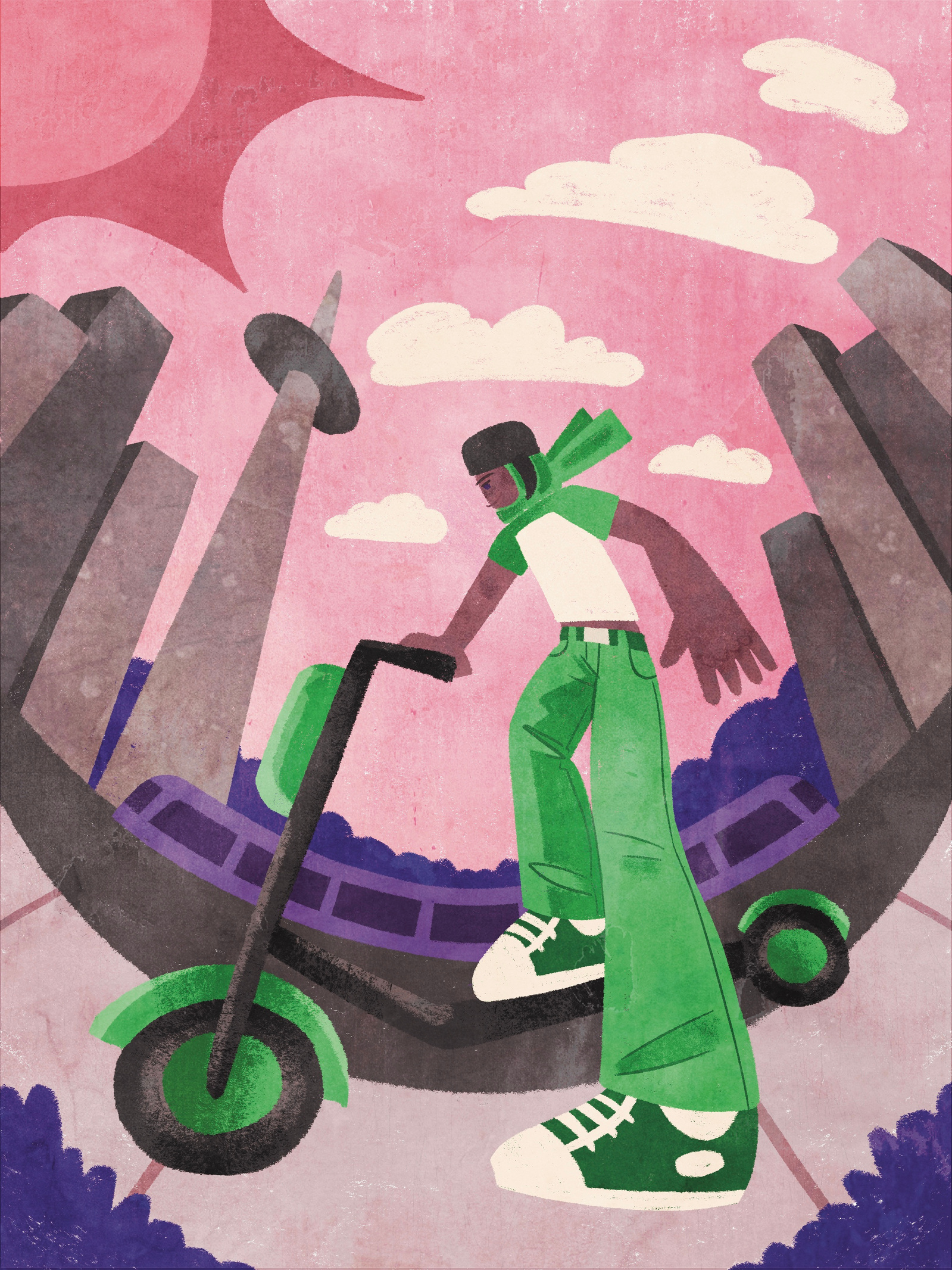 Lineless fish-eye illustraiton of a hijabi riding a scooter on a Toronto sidewalk. They wear green, the grass anda. passing streetcar are purple, the sun and sky are pink.