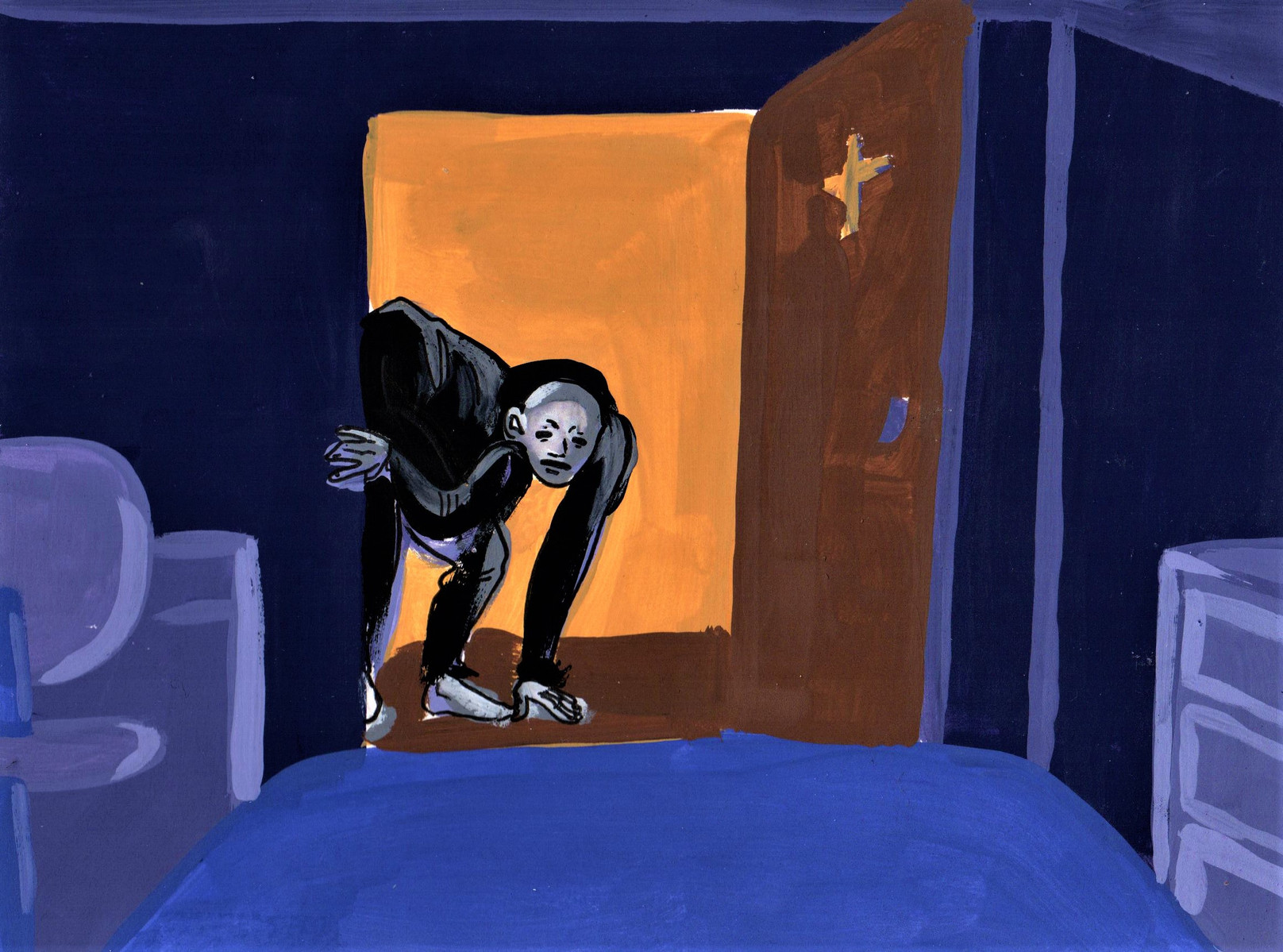 the interior of a bedroom at night, the door is open and a humanoid creature with a mask enters the room