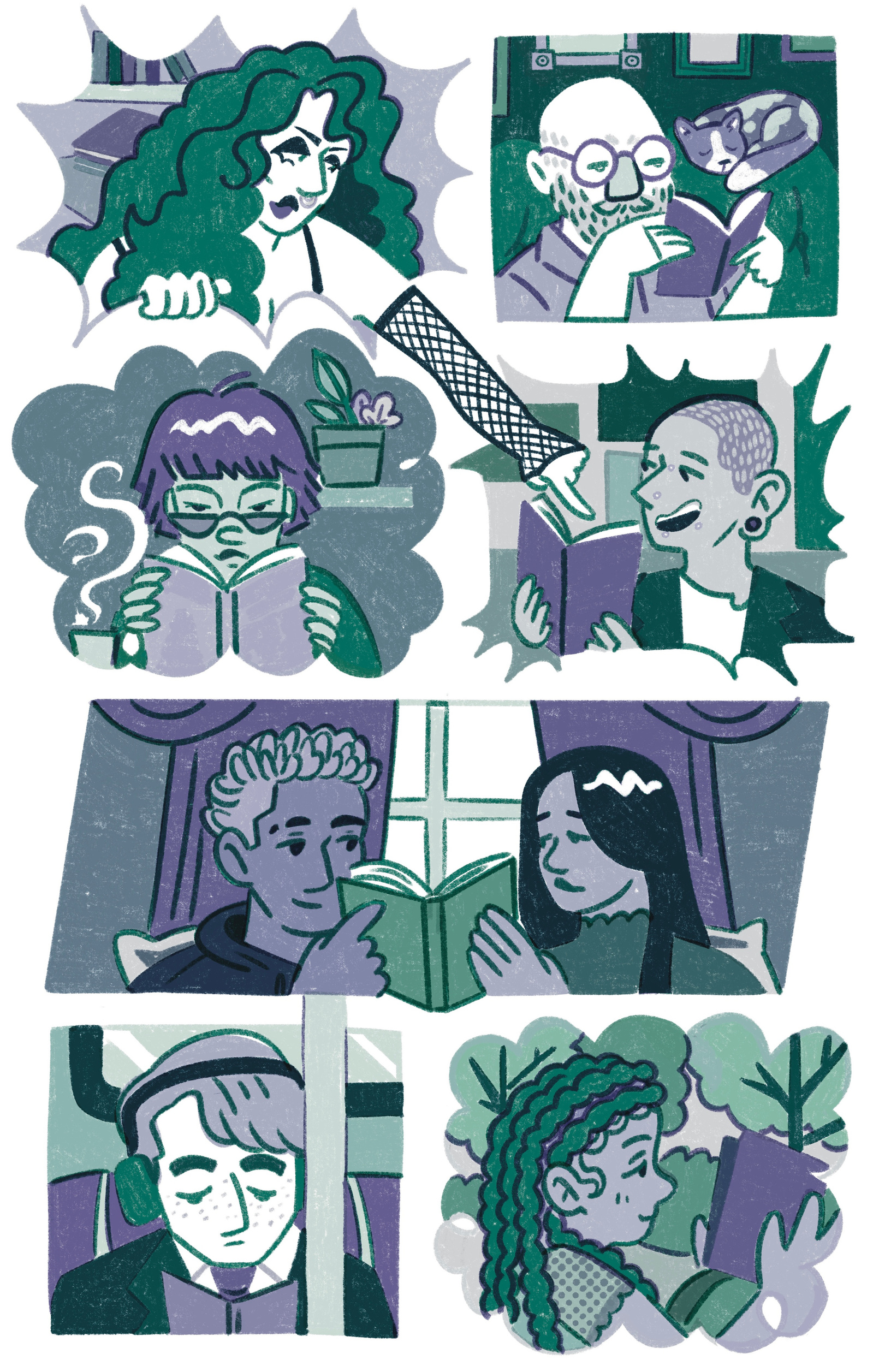 Eight panel poster of various characters interacting and reading comic books. Various ages, genders, races, and environments within each shape.