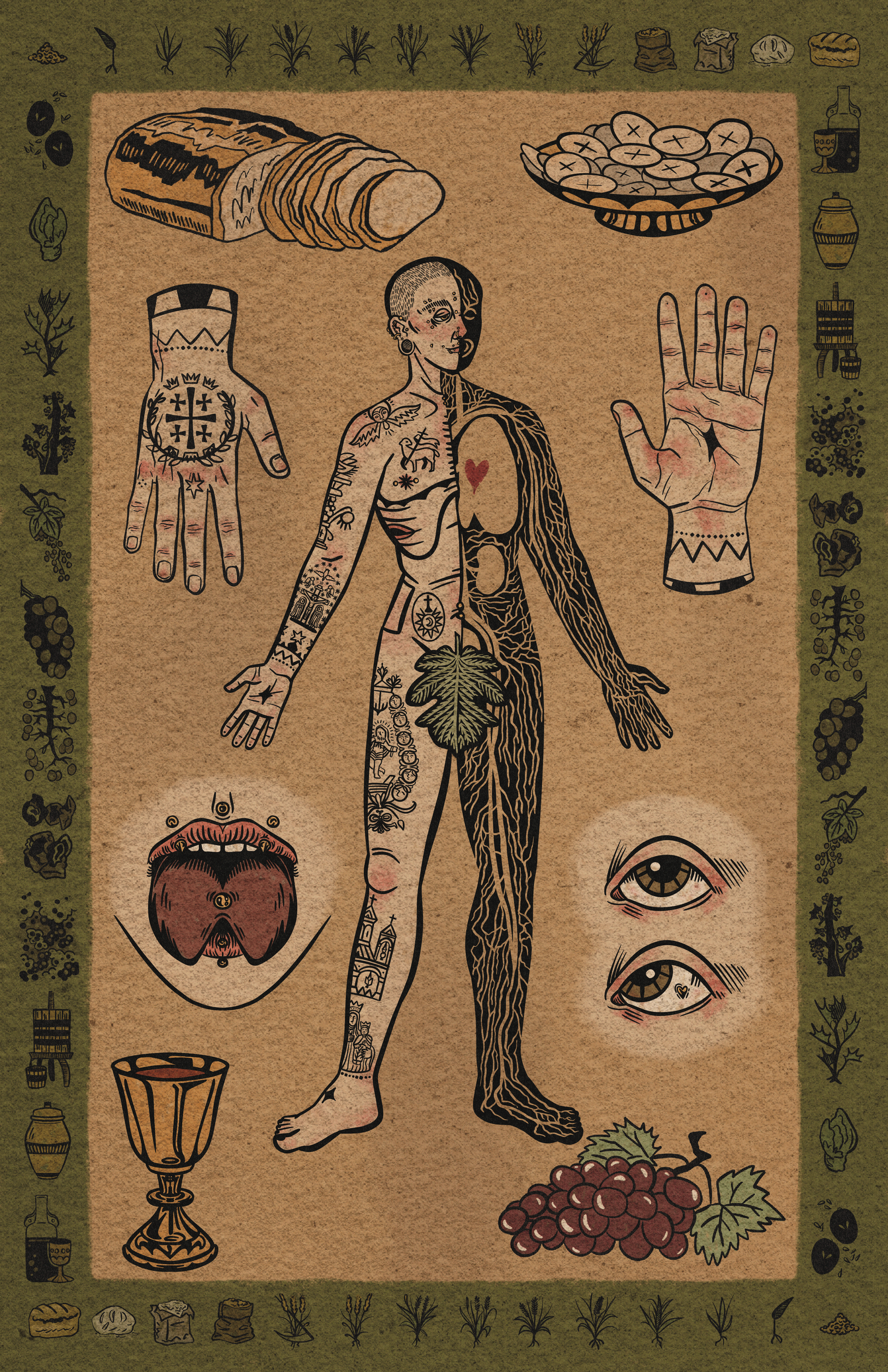Renaissance-style anatomical illustration. The left side has piercings and tattoos while the right side shows nerves and space for organs. Surrounding the figure are bread, the Eucharist, tattooed hands, split tongue, ocular implant, a wine goblet, grapes