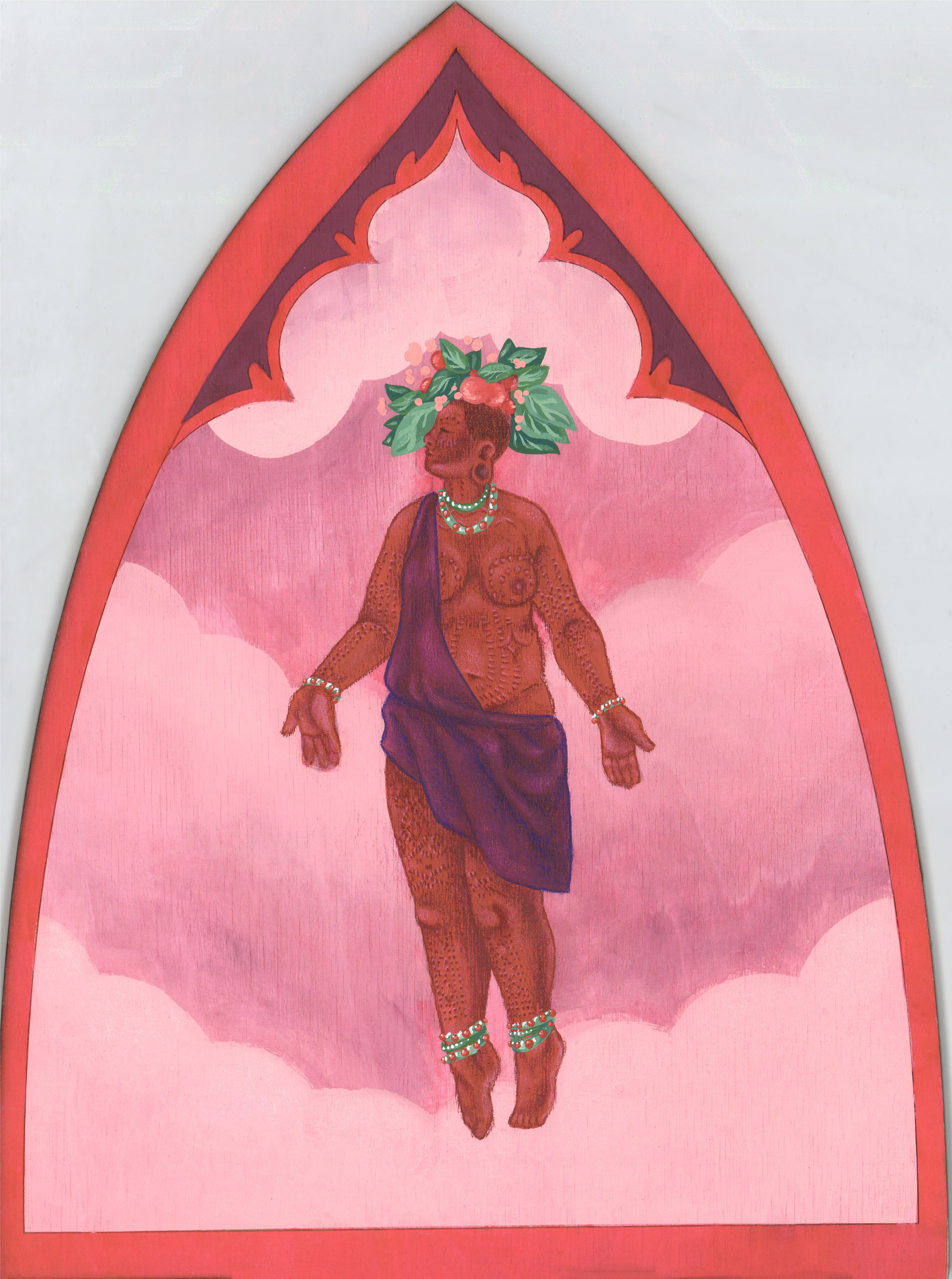 African woman floats among pink clouds, looking up with arms at her sides, palm up. Scarification marks her face and body. She wears a purple cloth exposing one breast, jewelry, and a headdress of leaves and pink fruits. Arched panel is pink and purple.