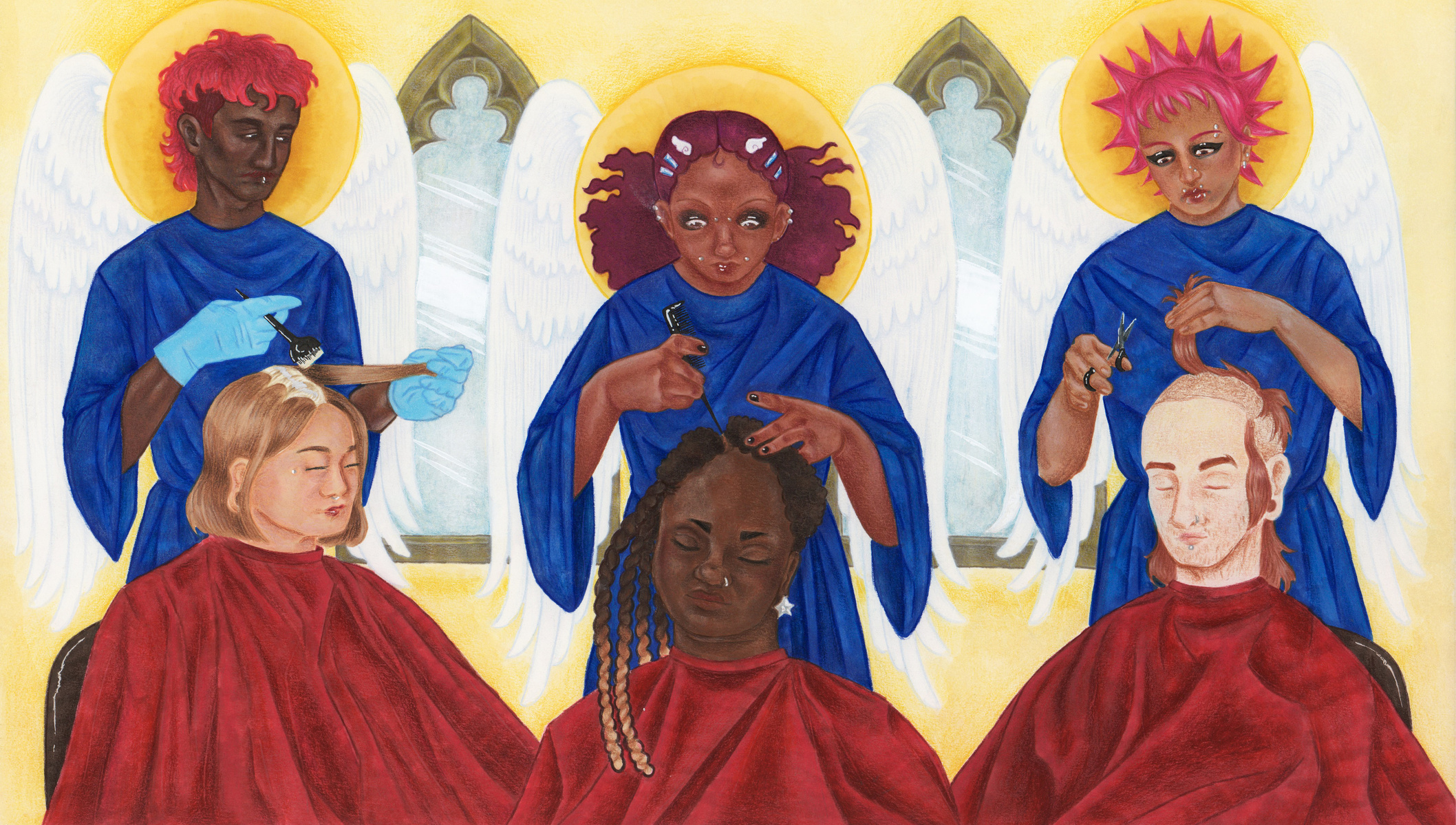 Three seated figures in red smocks are getting their hair done by guardian angels in blue robes and yellow halos. Pale yellow background has two gothic cathedral-style mirrors in gold.