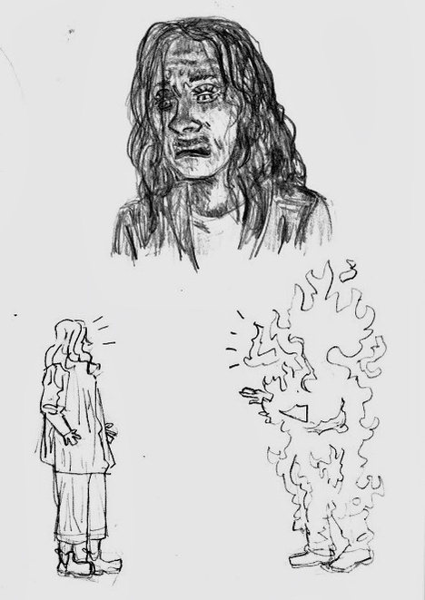 top sketch: toni collette in hereditary, crying
bottom sketch: toni collette in hereditary in shock as her husband bursts into flames