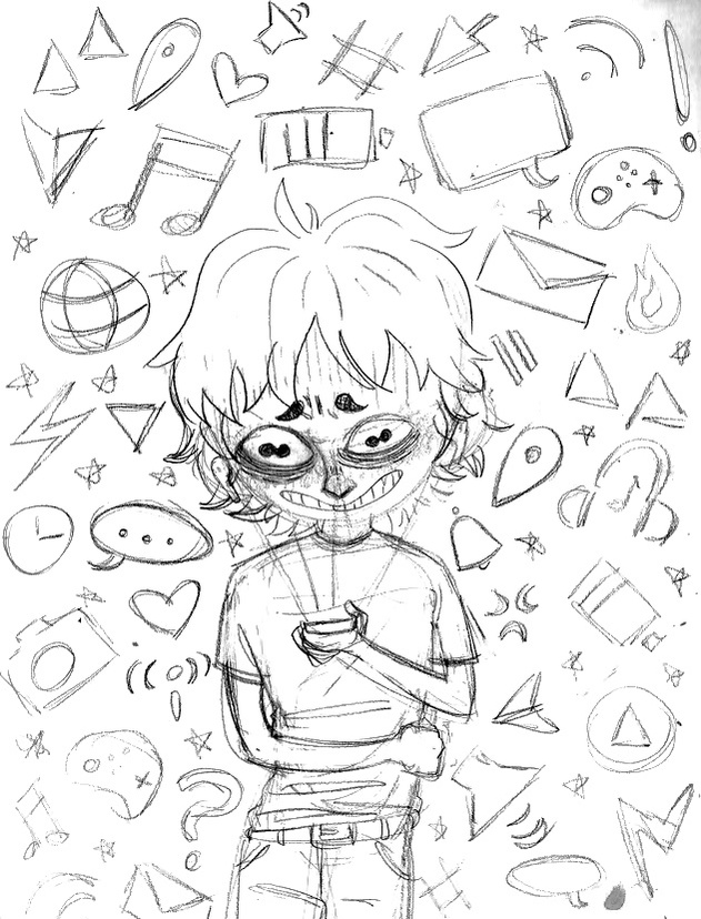 a teenage boy looks down at his phone anxiously with split pupils, he is surrounded by phone and tech symbols